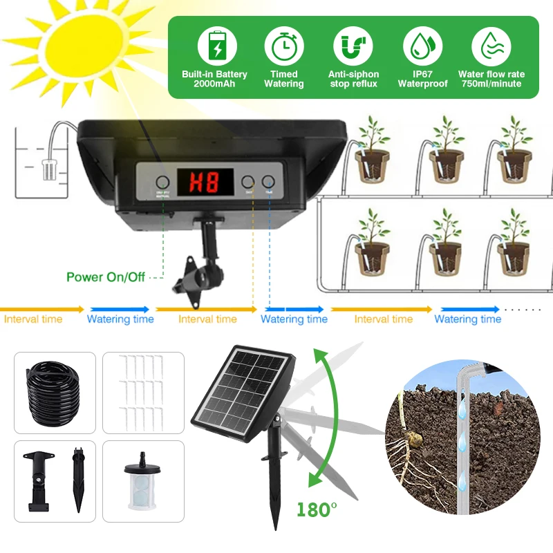 

Solar Auto Watering System Automatic Drip Irrigation Kit Self Watering Device With Timer Supports 15 Flower Pots Anti-Siphon