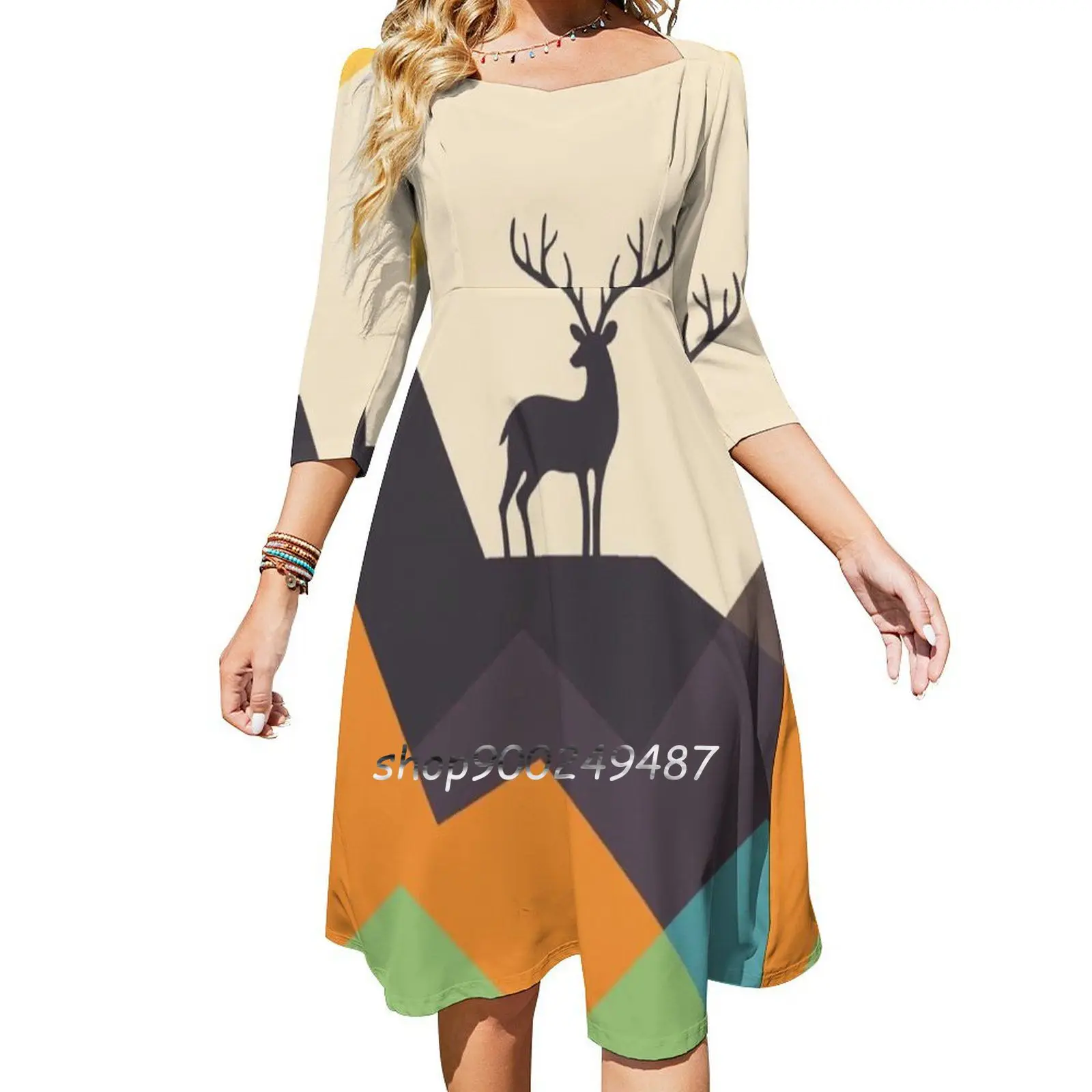 Deer Square Neck Dress Sweet Summer Dress Women Elegant Halter Print Dress Deer Reindeer Landscape Nature Season Sun Mountain