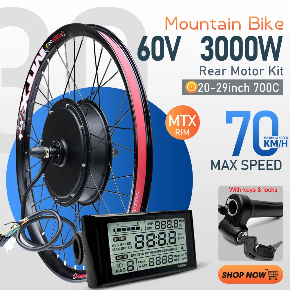 MTX39 Electric Bike Conversion Kit 60V 3000W Brushless Rear Hub Motor Wheel 20-29inch 700C For Electric Bicycle Conversion Kit