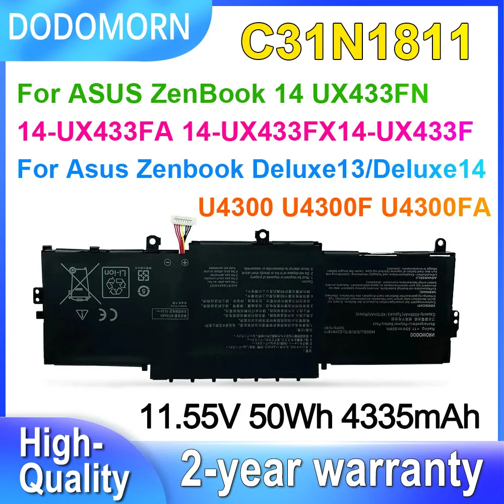 

DODOMORN C31N1811 Laptop Battery For ASUS ZenBook 14 UX433F UX433FN UX433FA UX433FX U4300FA RX433FN Deluxe13 Series 11.55V 50Wh