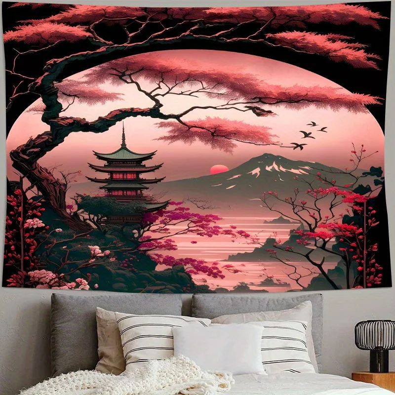 VIKAMA Japanischer Zen-Wandteppich, Kirschblüten-Pagode, Nachtszene, Wandteppich, Wohnzimmer, Schlafzimmer, Wanddekoration, Wandteppich