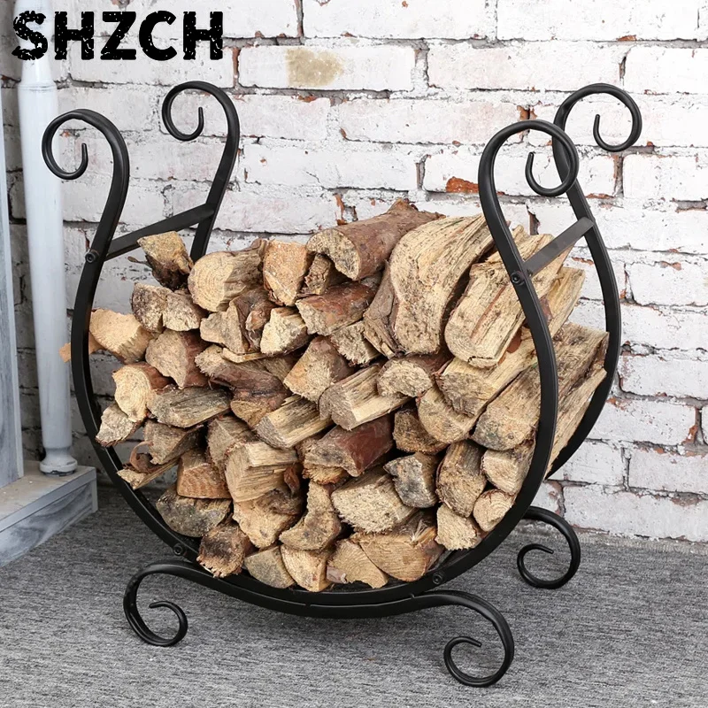 ‌European Style Wrought Iron Firewood Rack Black Artistic Decorative Log Holder for Fireplace Indoor Wood Storage Organizer