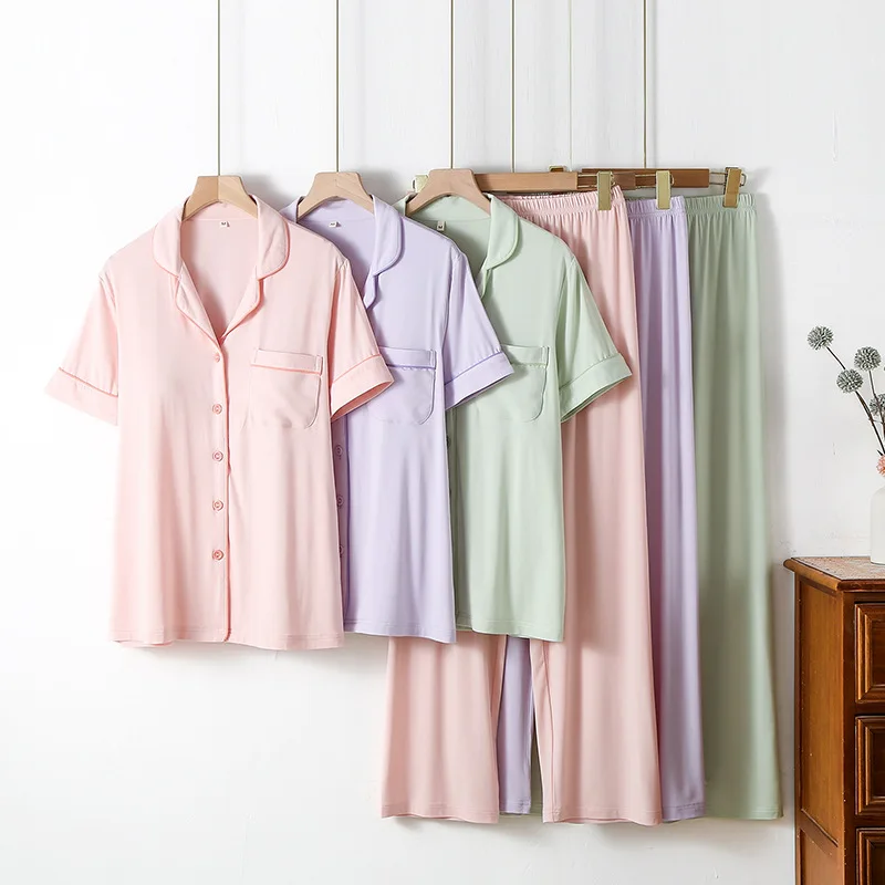 

Simple Solid Color Pajamas Women's Spring Thin Short-sleeved Trousers Bamboo Fiber Loose Loungewear Set Lapel Home Clothes