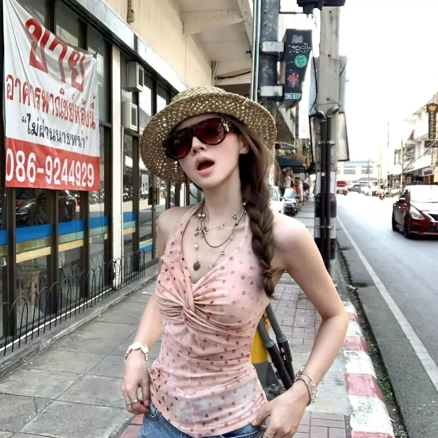 Korean Gentle Spicy Girl Summer New Pink Mist Wave Dot Mesh V-neck Twisted Design Hanging Neck Sleeveless Women Top