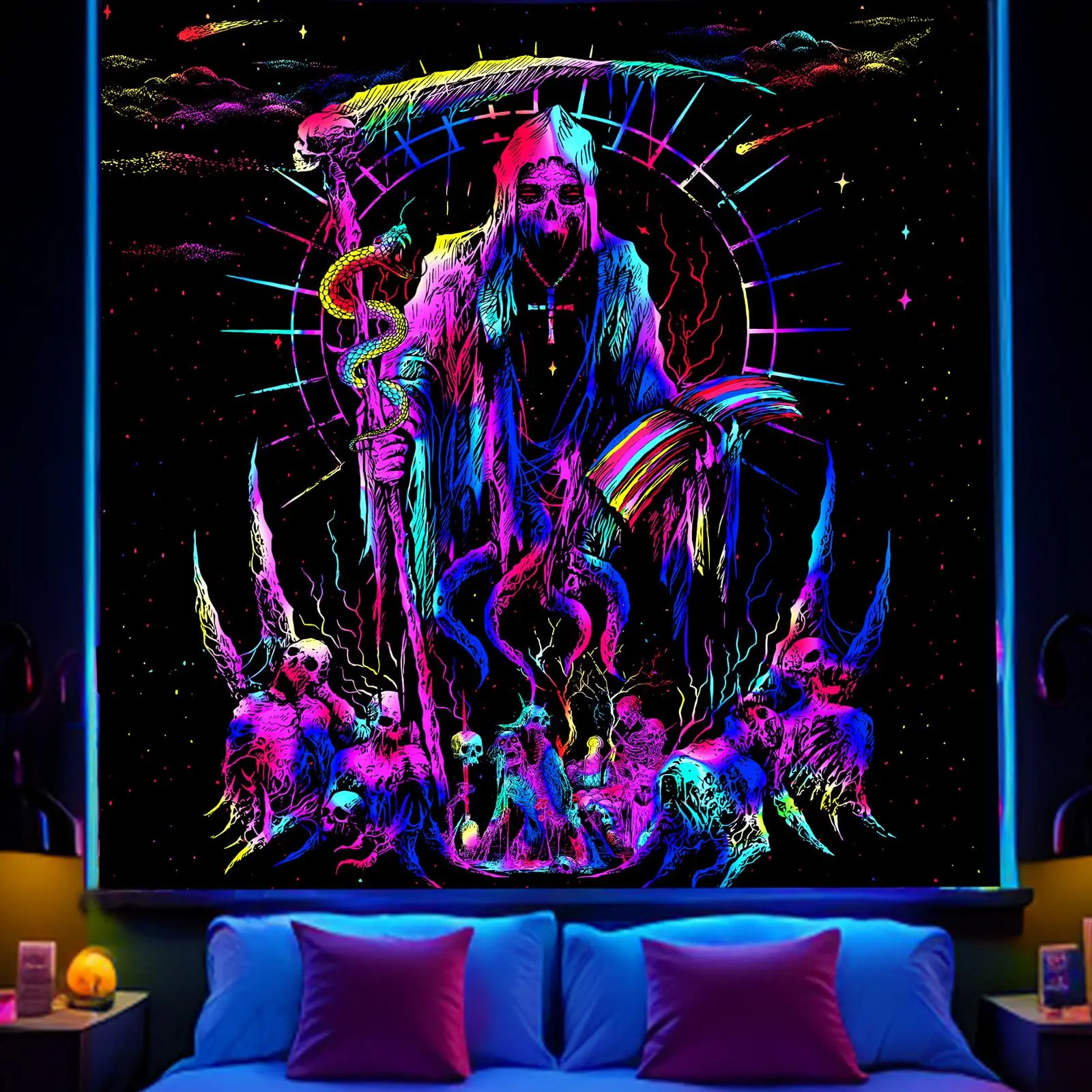 VIKAMA Halloween Dark Reaper Wandteppich Viper Skelett Legion of Stars Gaming Room Escape Room Dekoration Cyberpunk