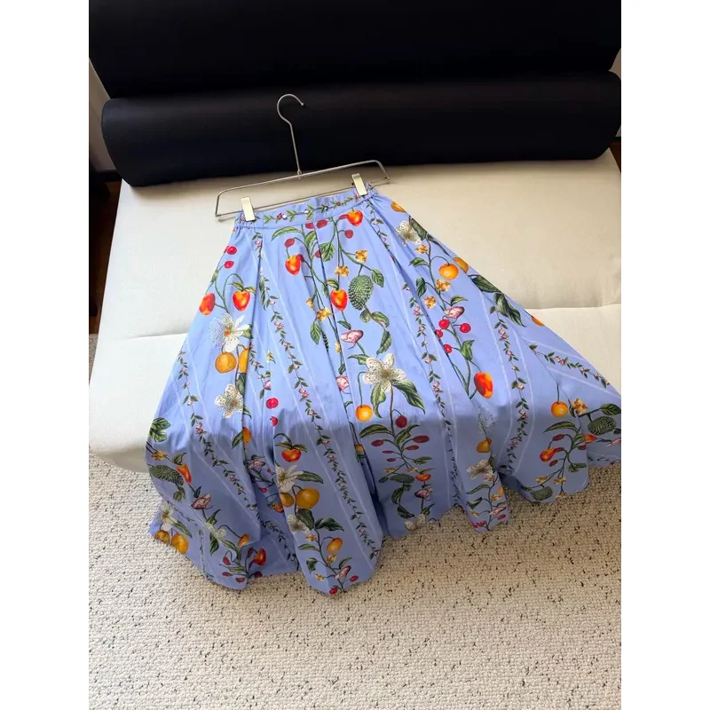 Women Flower Print Single Breasted Ruffles Hem Crop Top  High Waist Big Swing Long Skirt