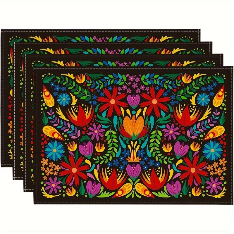 4pcs Mexican Flower Placemats for Dining Table Cinco De Mayo Decoration Floral Fiesta Washable Mat Home Decor Holiday Supplies