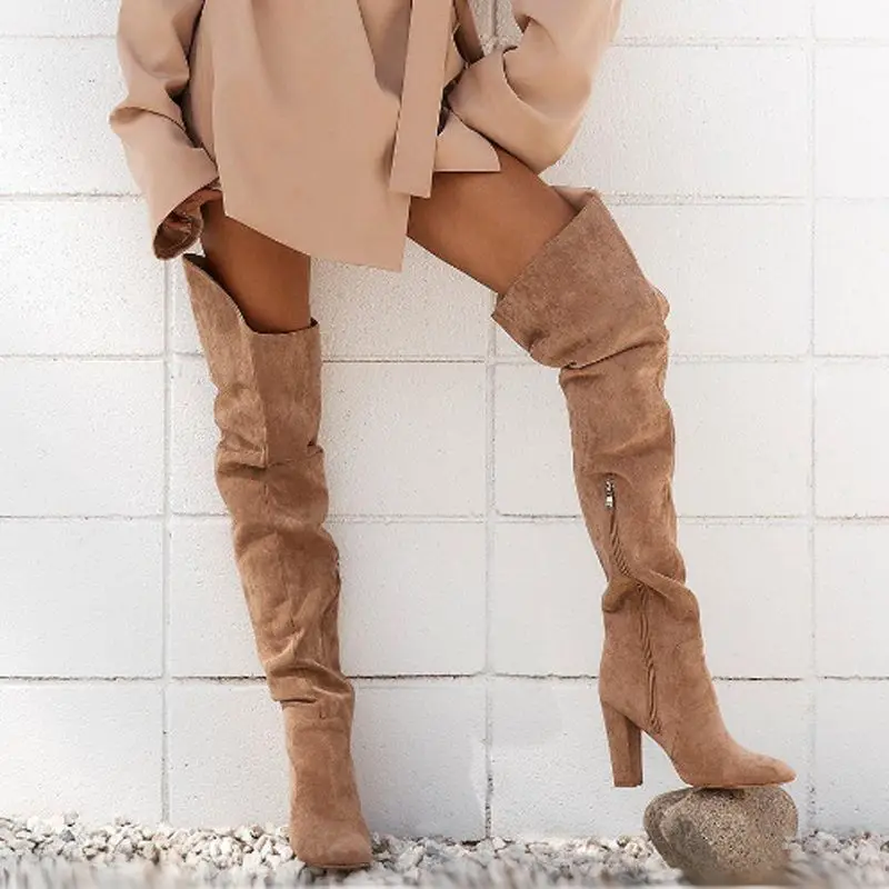 Design Woman Chunky High Heel Over The Knee Boots Sexy Lady Candy Color Suede Leather Chunky High Heel Thigh High Boots
