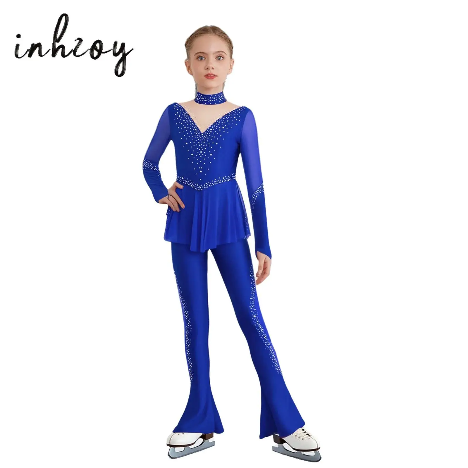 

Kids Girls Figure Skating Jumpsuit Shiny Rhinestones Sheer Mesh Patchwork Bell-Bottom Peplum Bodysuit Jazz Performance Costume