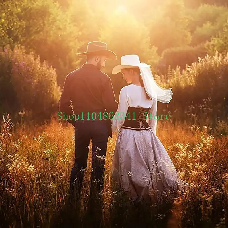 652F Bride Cowgirl Hat with Veil Novelty Cowboy Hat Summer Beach Hat Cowgirl Hat with Long Veil Western Fancy Dress Accessory