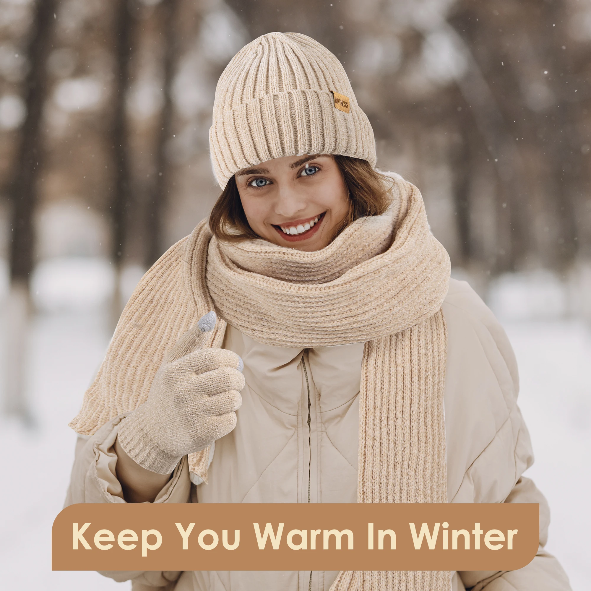 หมวก ผ้าพันคอ และถุงมือสำหรับผู้หญิง หมวกฤดูหนาว ผ้าพันคอผู้หญิง ชุดของขวัญหน้าจอสัมผัสสำหรับสภาพอากาศหนาวเย็น