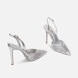 Summer new pointed shallow patent leather rhinestone hollow shoes thin high-heeled banquet dress small size women's sandals