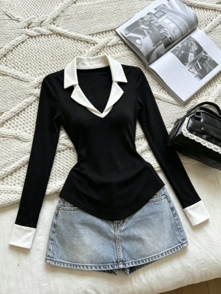 Korean Retro Autumn Casual Blouse Top Patchwork Ruffle Accent Fake Two Piece T‑Shirts Y2K Vintage Fairy Grunge Daily Street Wear