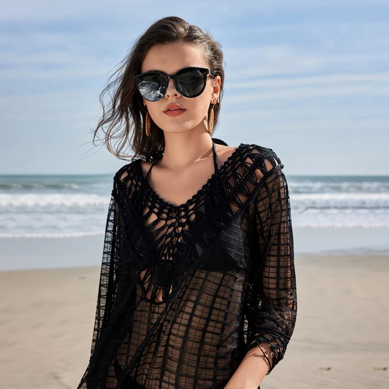 Para Praia-Robe de plage à manches longues, chemise ajourée, cover-up, sexy, vêtements de plage, été, 2025