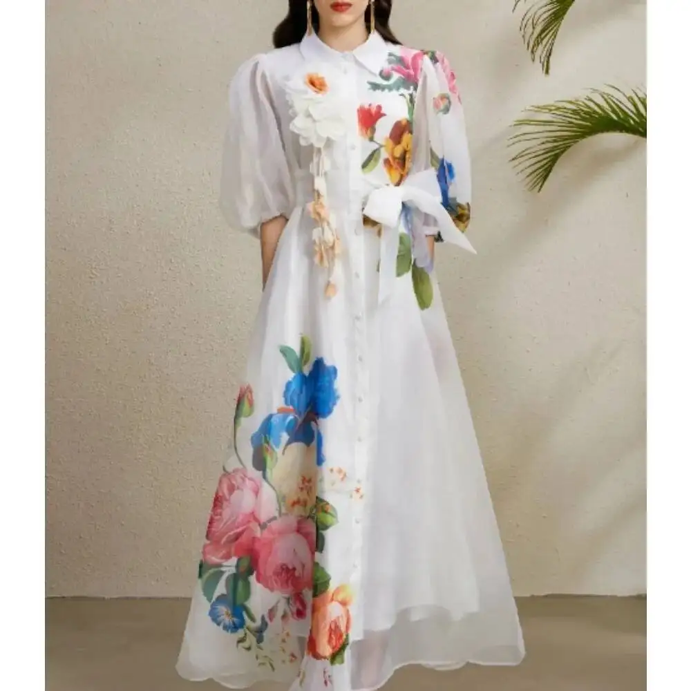 Chic vintage Sexy print mesh lace-up button Fairy Summer Women Boho Sundress women clothing Long dress