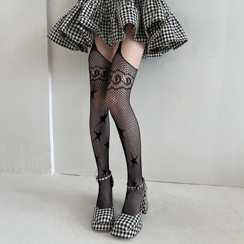 Women Star Patterned Fishnet Thigh High Pantyhose Stockings Attached Garter Belt