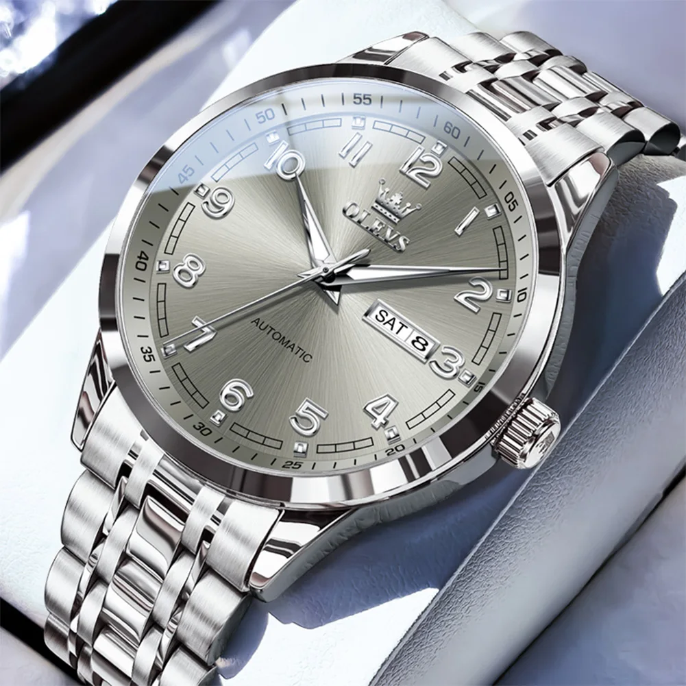 

OLEVS оригинальные мужские полностью автоматические механические часы из нержавеющей стали с календарем недели мужские светящиеся водонепроницаемые деловые часы