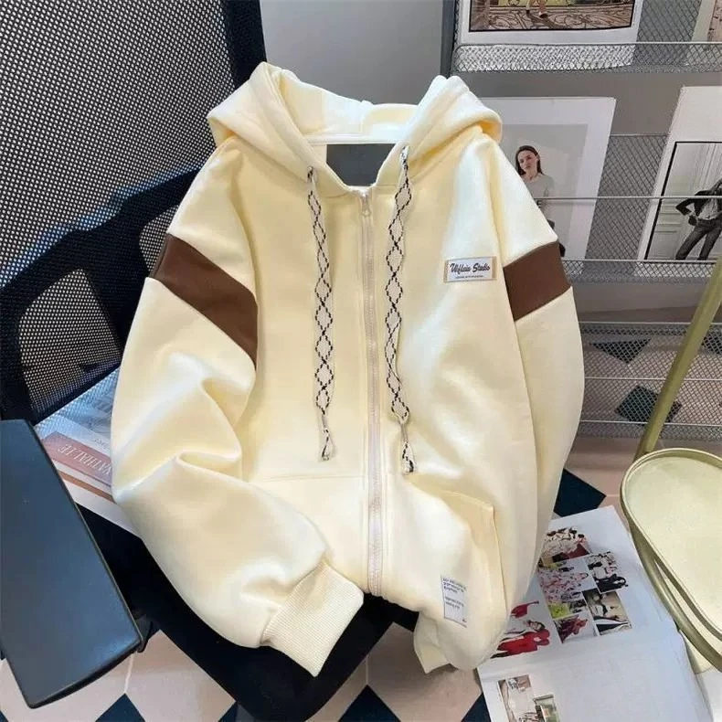 Women Color Block Hoodie American Style Zip Up Spring Autumn Streetwear Casual Hooded Outerwear
