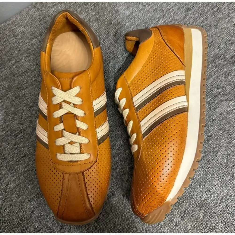 Caramel Perforated Leather Sneakers, with retro stripe design and lightweight thick sole