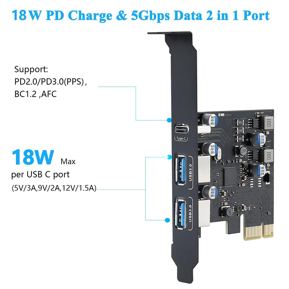 USB PCIE Card 18W Power Delivery, PCI Express 3 Port (Type C, 2 X Type A) PCIe USB 3.0 Fast Charging Card Expansion Card