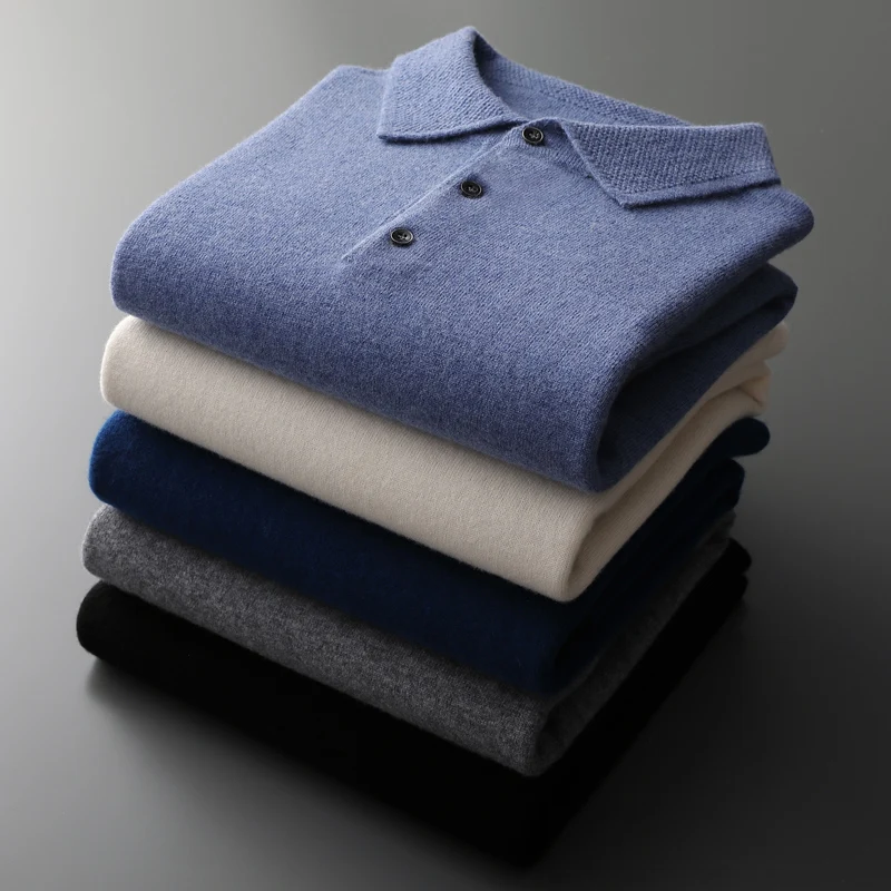 

POLO Neck 100% Merino Wool Knitted Sweater Men's Lapel Loose Pullovers Casual Warm Tops 2025 Autumn Middle-Aged Old Base Shirt