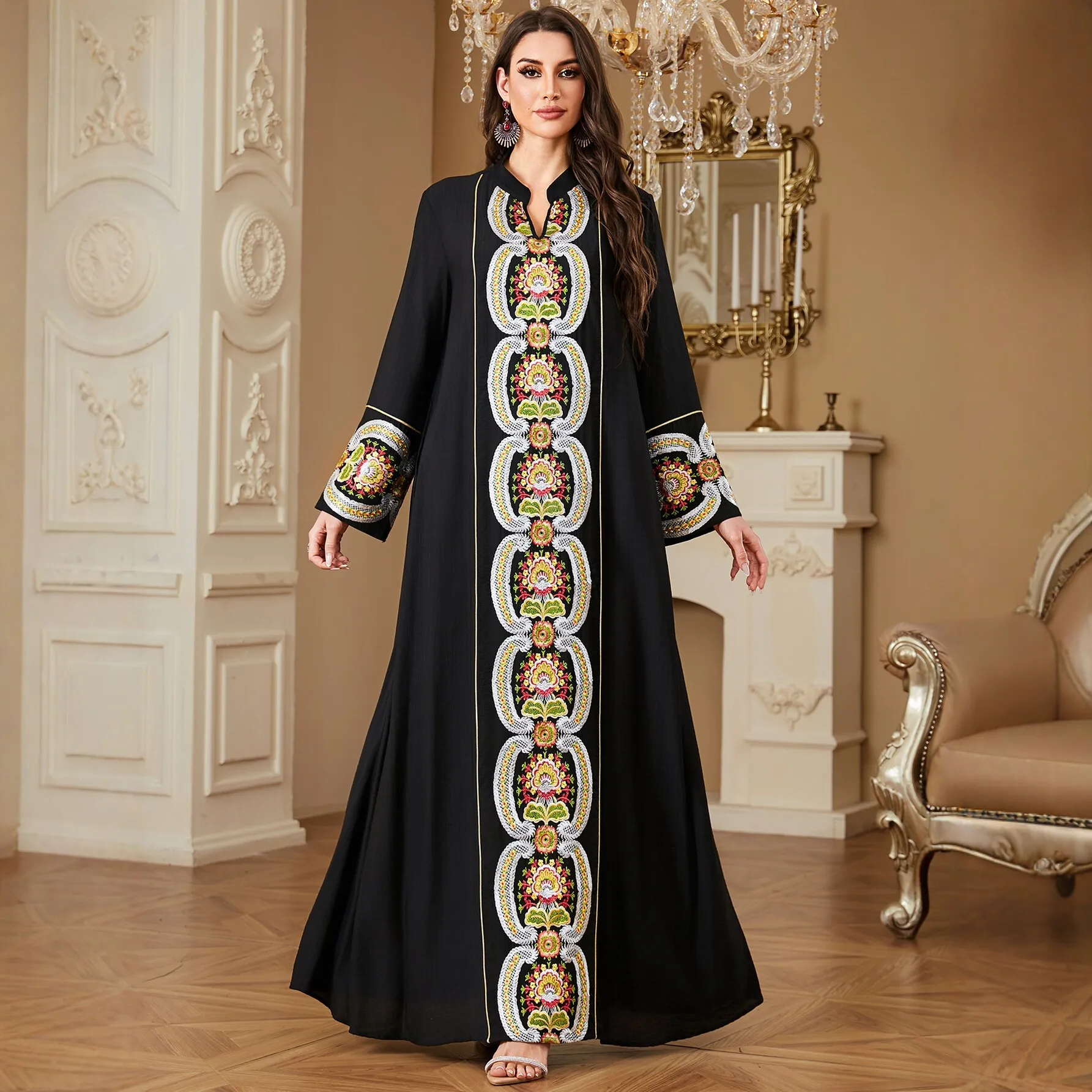 Women White Black Elegant Long Sleeve Embroidered V-neck Luxury Trendy Floor Length Dress Abaya Chic Jalabiya Female Clothes