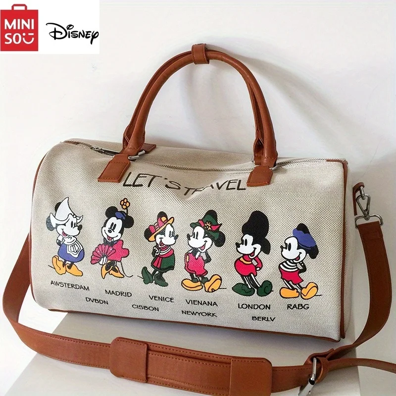 MINISO Disney Mickey Mouse Canvas Tote Bag Large Capacity Travel with Shoulder Strap Cartoon Short Travel Bag Handbag for Women