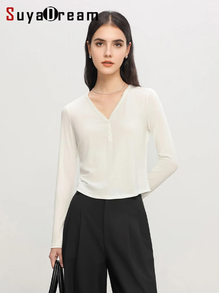 

SuyaDream Women Solid Short T Shirts, Silk Viscose Blend, V neck, Long Sleeved Tee, 2025 Spring Autumn Crop Top