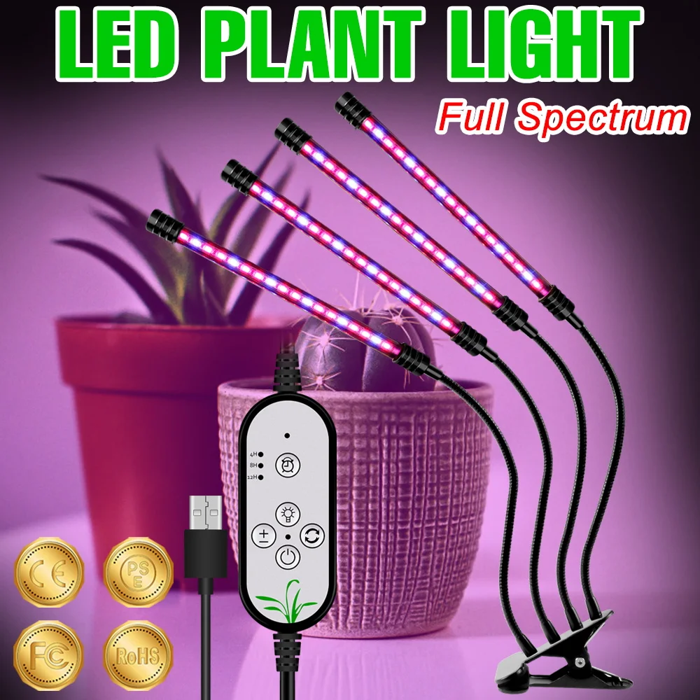 

Светодиодная лампа для растений 5В USB, полный спектр, для выращивания в помещении, гидропоники, семян, суккулентов, кактусов, растений в горшках, с регулировкой яркости и таймером