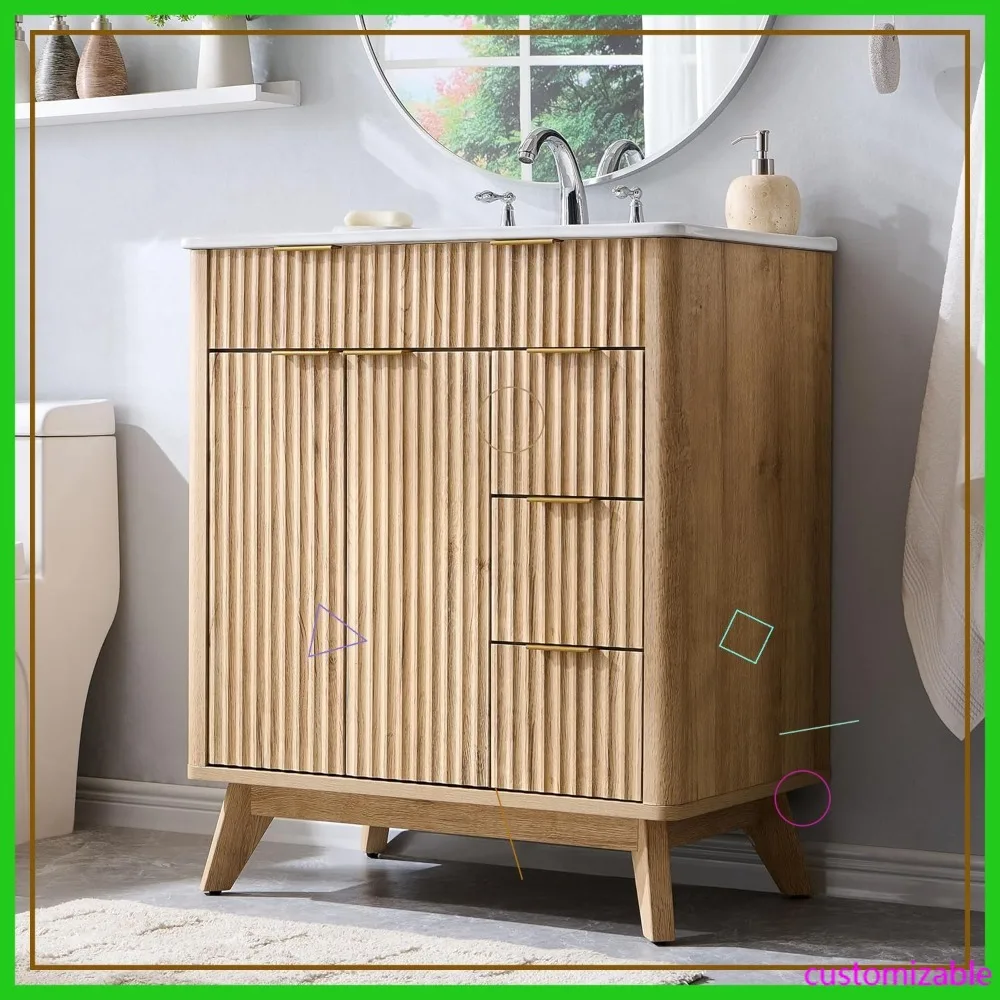 

Современная отдельностоящая тумба для ванной комнаты с керамической раковиной, 2 дверцами и 3 ящиками, с плавным закрыванием, отделка натуральный дуб