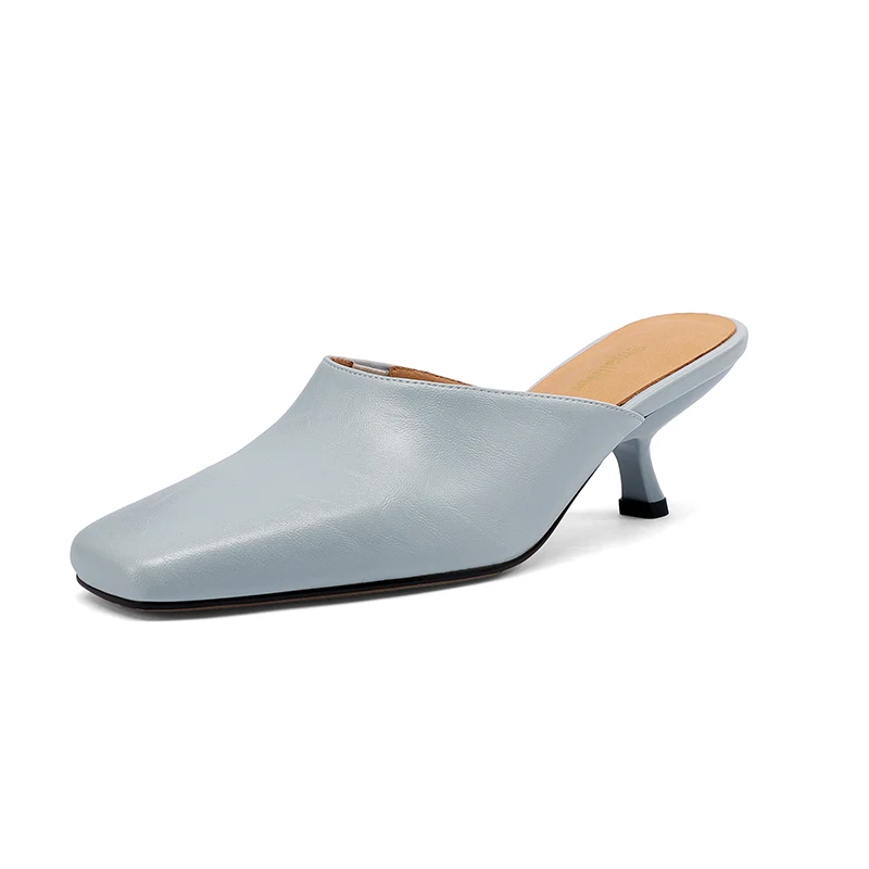 Women's Split Leather Snake Print Mules - Square Toe Block Heel