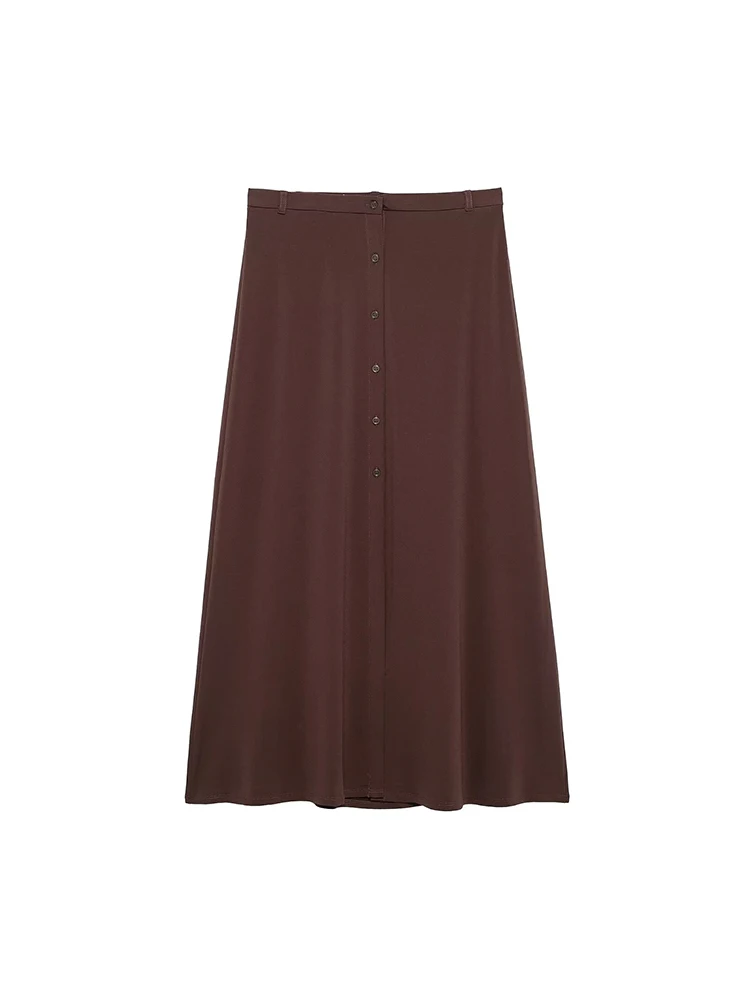 Willshela Women Fashion Brown Single Breasted Pleated A-Line Midi Skirt Vintage High Waist Female Chic Lady Skirts