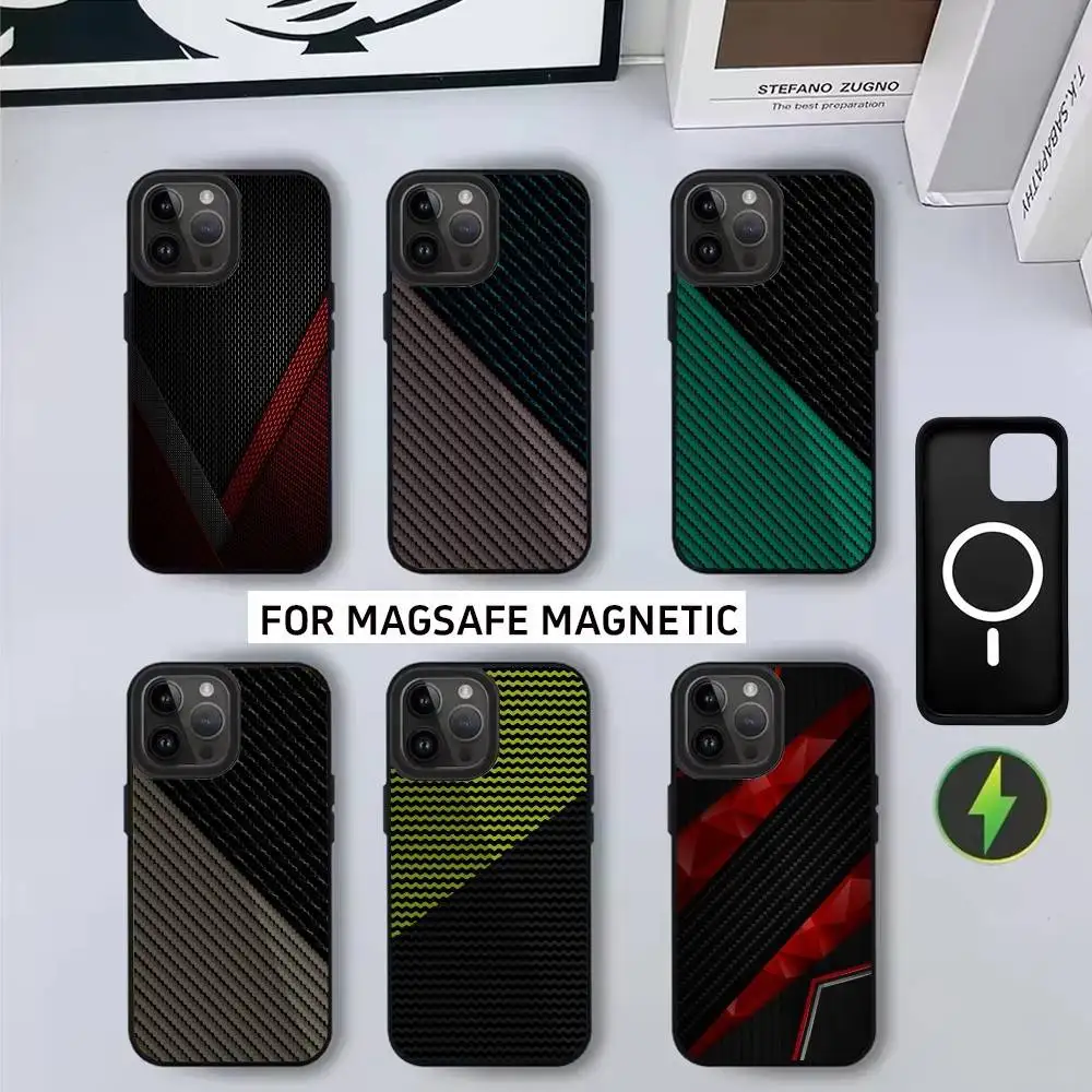 

C-Carbon f-fiber t-texture Phone Case For iPhone17,16,15,14,13,12,11 Plus,Pro Magnetic For Magsafe Wireless Charging
