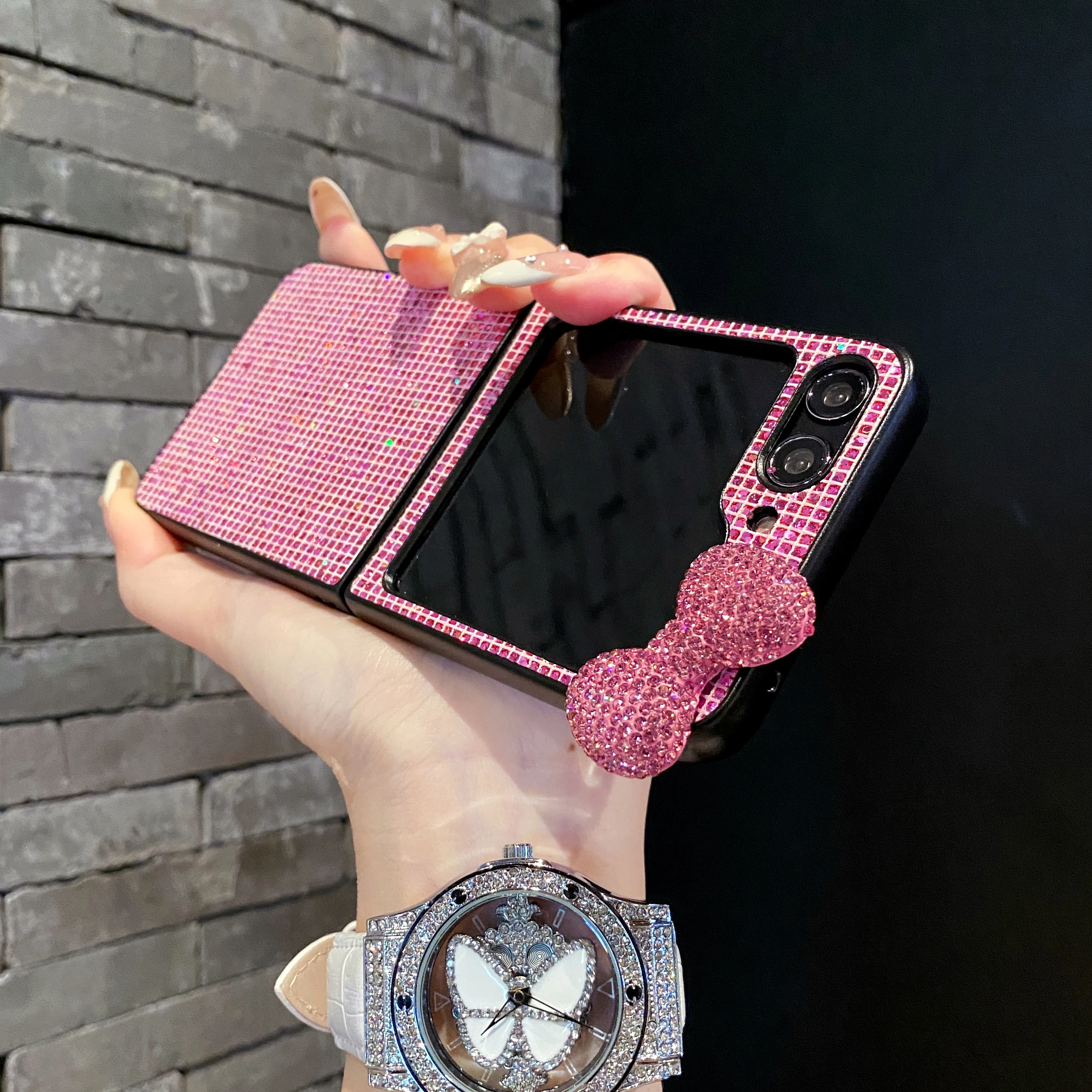 한국 귀여운 패션 3D 핑크 블링 다이아몬드 보우 노트 폰 케이스 삼성 갤럭시 Z 플립 6 5 4 3 5G 플립7FE 하드 충격 방지 커버