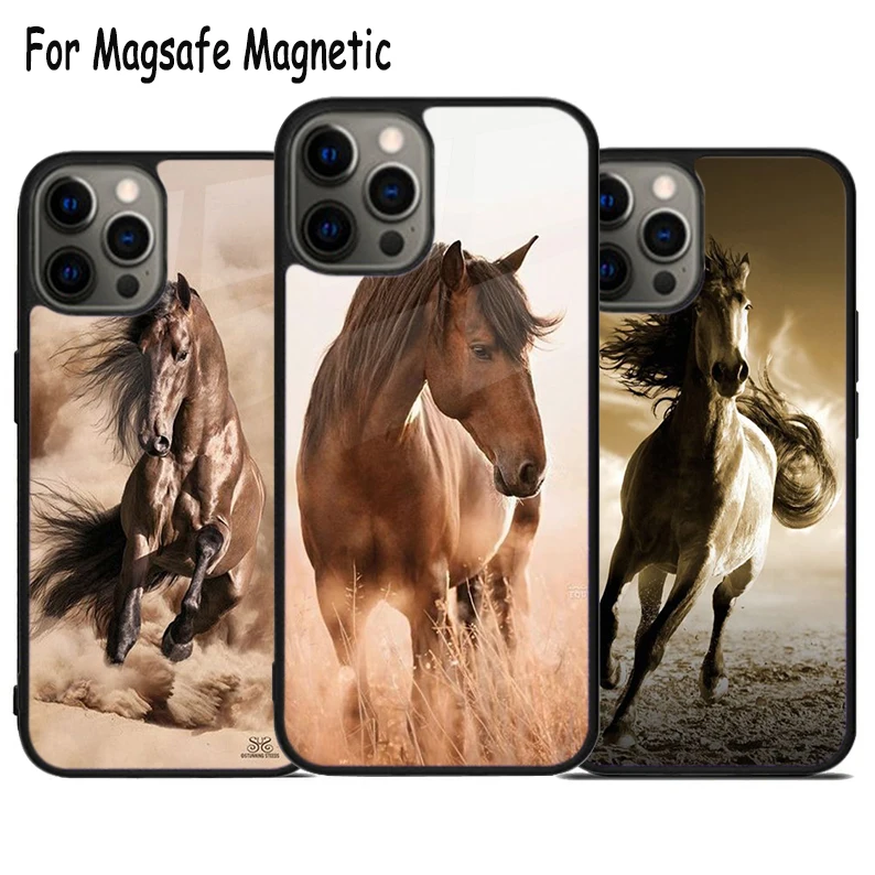 Horse Racing Run White Brown Animal Wireless Charge Magsafe Phone Case For iPhone 15 16 14 13 11 12 Pro Max Plus Magnetic Cover