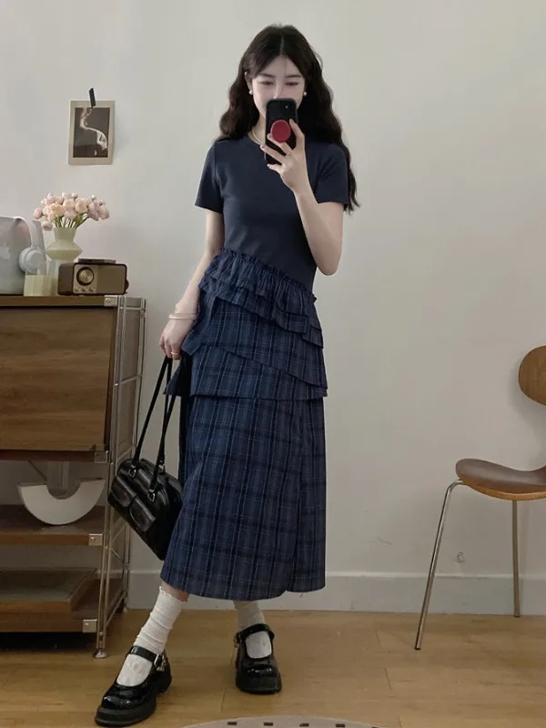 Grande taille coréenne Sle Faionable k bleu oulder longueur Dr femmes été jupe à carreaux épissage T-shirt Dr a-ligne jupe