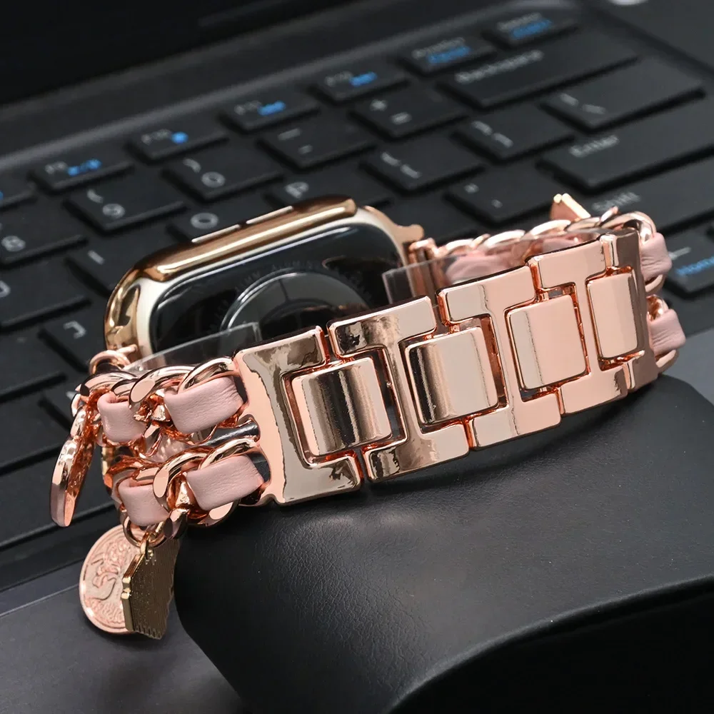 Женский роскошный ремешок для Apple Watch Ultra2 49 мм 10 46 мм 42 мм и чехол для IWatch Series 9 8 7 41 38Se Кожа + ремешок из нержавеющей стали