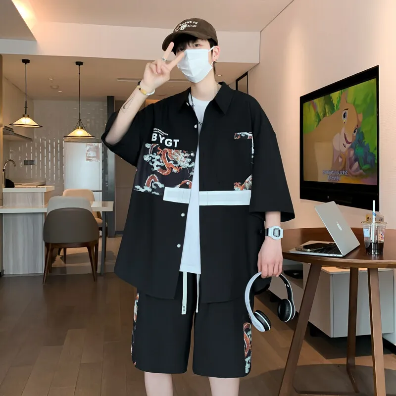 

2025 Summer New High Quality Men's Loose Casual Shirt Short Two piece Set Top and Shorts Fashion Set