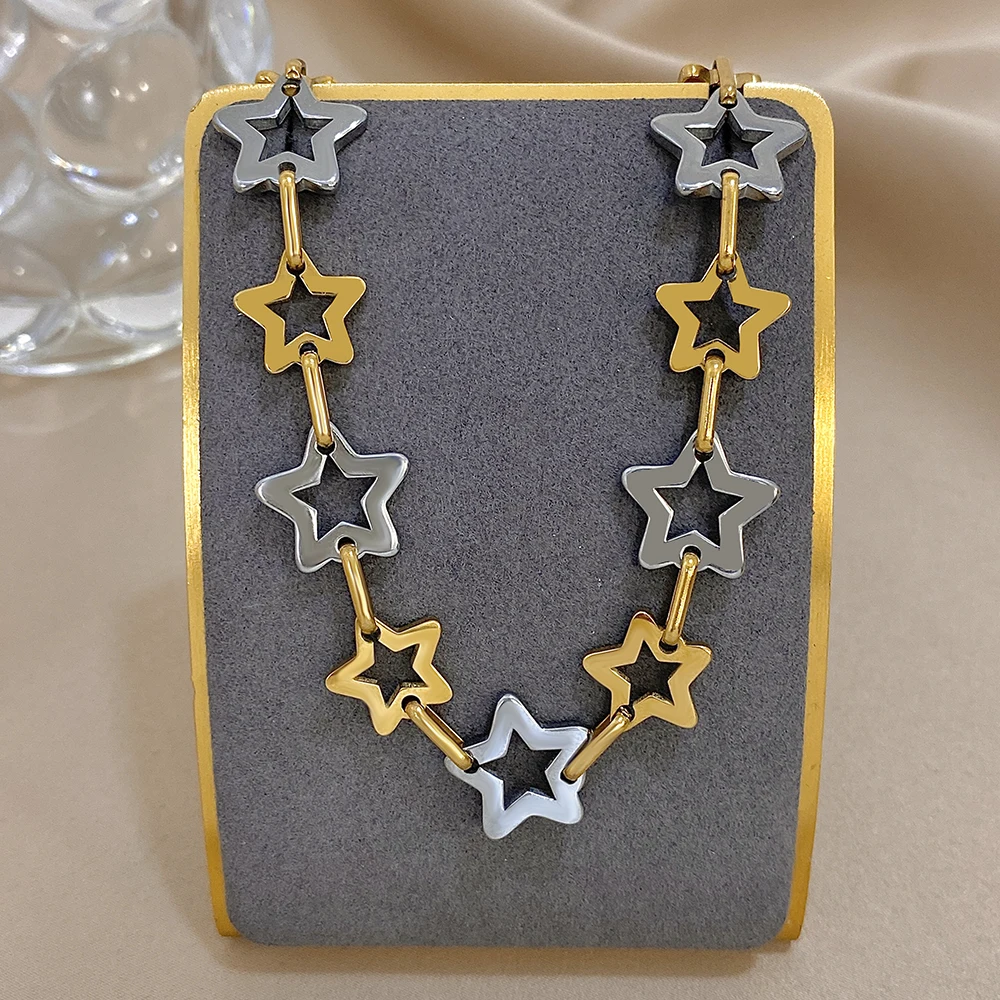 Mode Edelstahl Gold Silber Farbe Halskette für Frauen Nette Hohle Sterne Link Kette Halsketten Wasserdicht Schmuck Geschenke – Detail 5