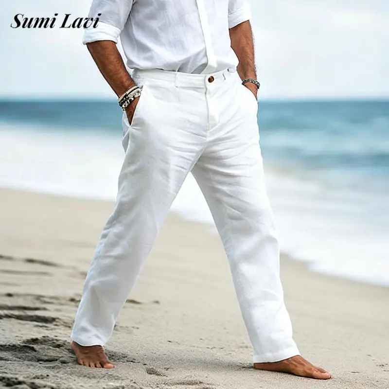 

2026 весна-осень модные однотонные льняные брюки мужские повседневные дышащие брюки для отдыха для мужчин повседневные свободные прямые брюки