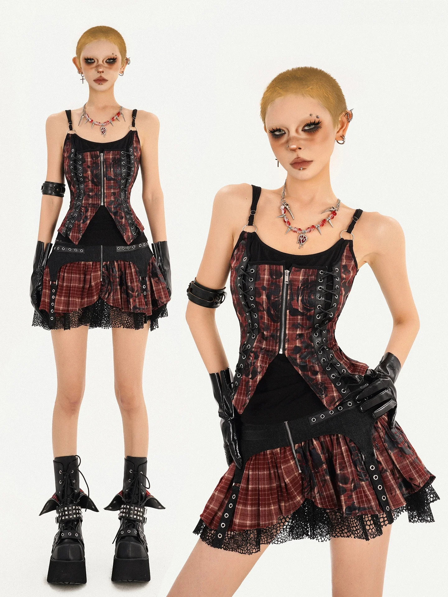 

Комплект из двух предметов Nico Molly Y2K Millennium Spicy Girl: клетчатая короткая юбка и топ на бретелях, женский комплект с высокой талией и декоративной молнией