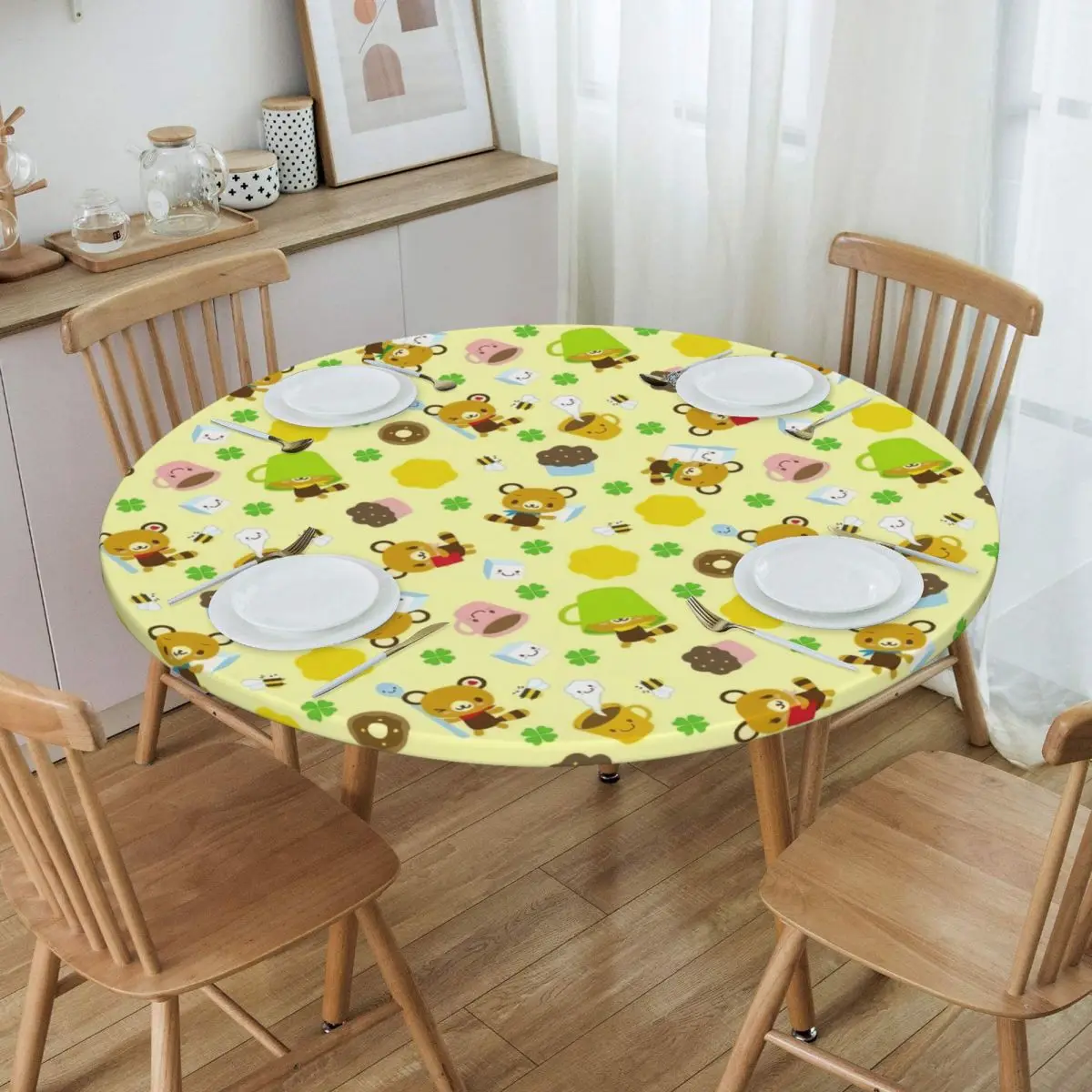 Round Waterproof Oil-Proof Disney Cartoon Tenorikuma Sanrio Bear Tablecloth Backed Elastic Edge Table Covers Fit Table Cloth