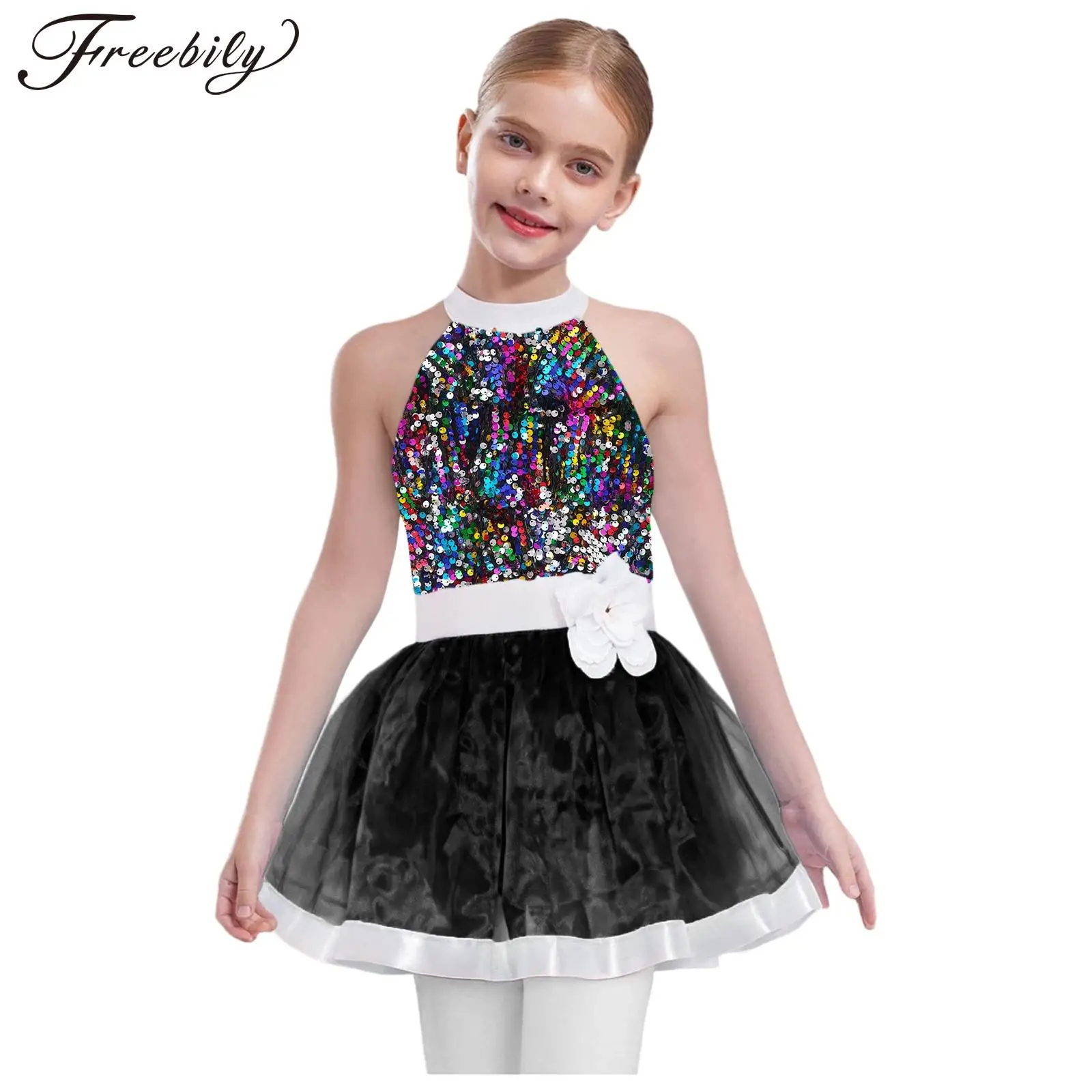 Sukienka baletowa dla dziewczynek z cekinami, kokardą i wszytymi majtkami, idealna na występy sceniczne.