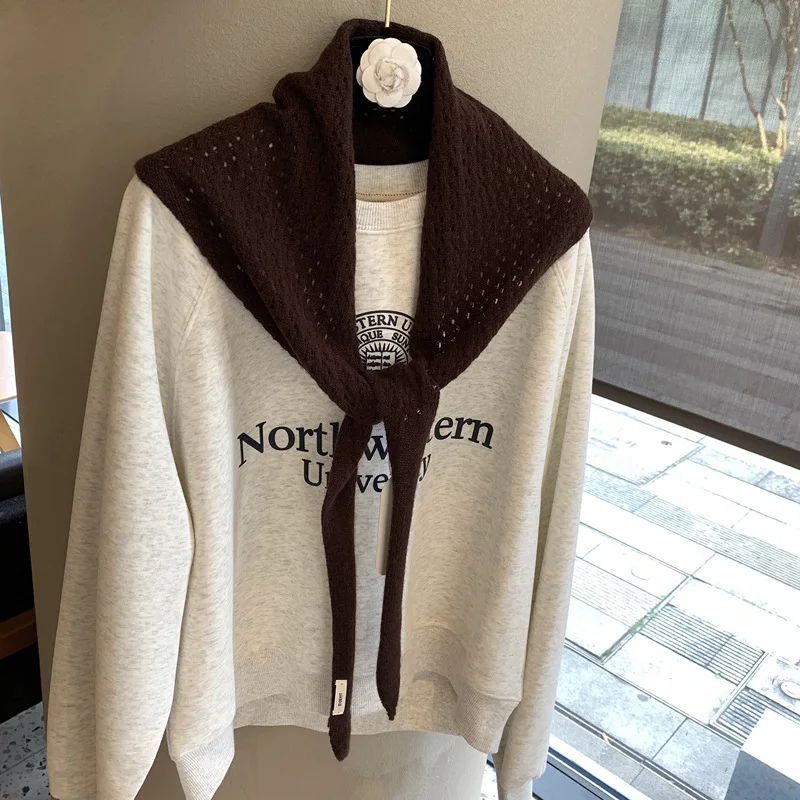 

Solid color versatile shawl, unique outerwear, wool scarf with mesh ribbon design, contrasting color niche scarf