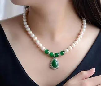 925 silver 8-9mm natural freshwater Akoya pearl necklace jade pendant accessories crystal zircon jewelry