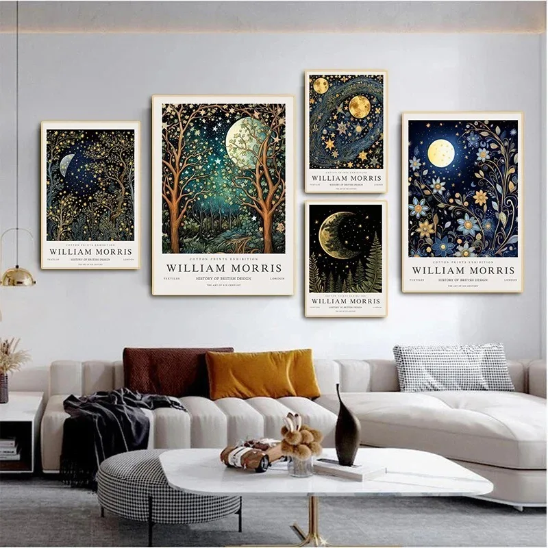 Vintage Moon and Stars William Morris Exhibition Posters Prints Canvas Painting Wall Art Starry Sky Pictures for Room Home Decor