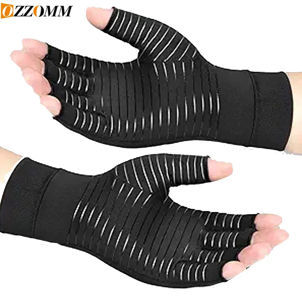 1Pair Copper Infused Compression Arthritis Gloves,Fingerless Carpal Tunnel Gloves For Men Women,Hand Support Wrist Brace,Sports