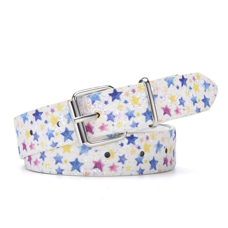 Women's Y2K Design Colorful Star Print Pin Buckle Belt, Niche Ins Style Casual Leather Belt, Fashion All-match Jeans Waist Strap