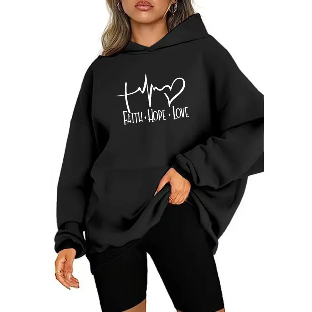 

Faith Hope Love Letter Graphic Women Hoody Street Casual Loose Sweatshirt Autumn Fleece Hooded Hip Hop O-Neck Clothing Female