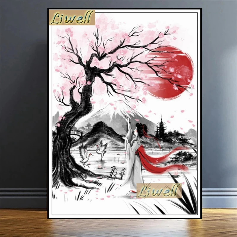 Diy Japan Geisha Dream And Autumn Kitsune Diamond Painting Art Kit Cross Stitch Mosaic Pink Cherry Blossoms Landscape Room Decor